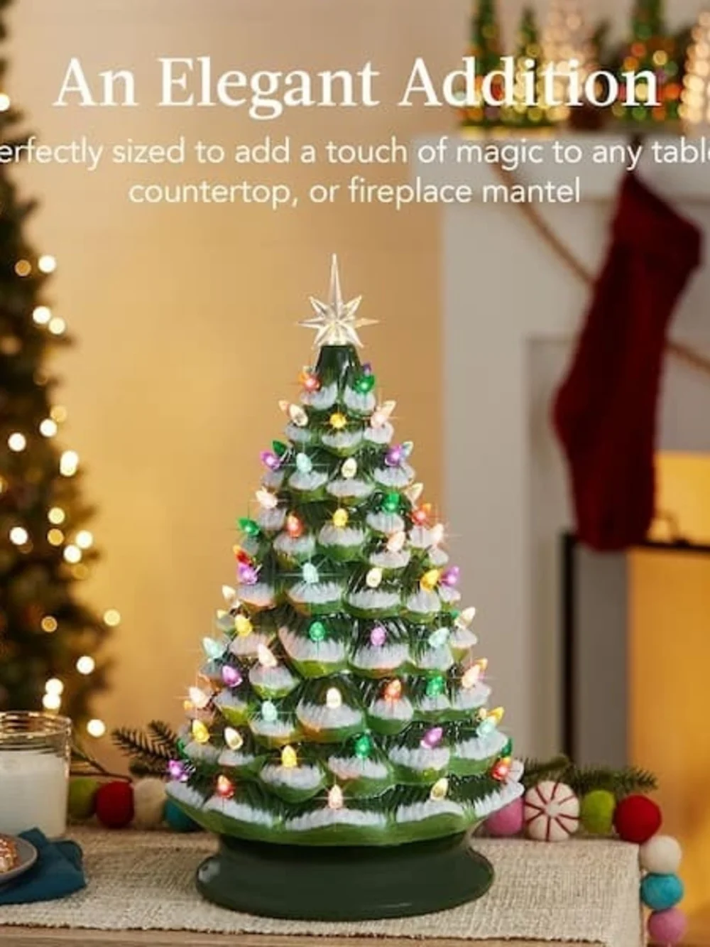 Green Lighted Ceramic Christmas Tree with Multicolor Bulbs